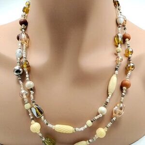 Boho Beaded Endless Loop Necklace Earth Tone + Amber & Olive Glass Beads